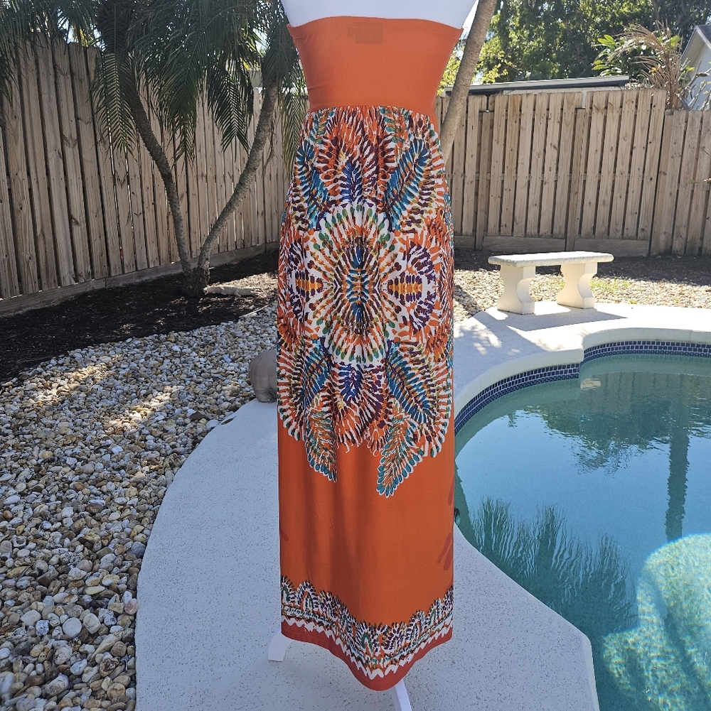 NEW Orange Maxi Dress Size XS Bohemian Strapless Resortwear Colorful Vacation - Picture 5 of 13